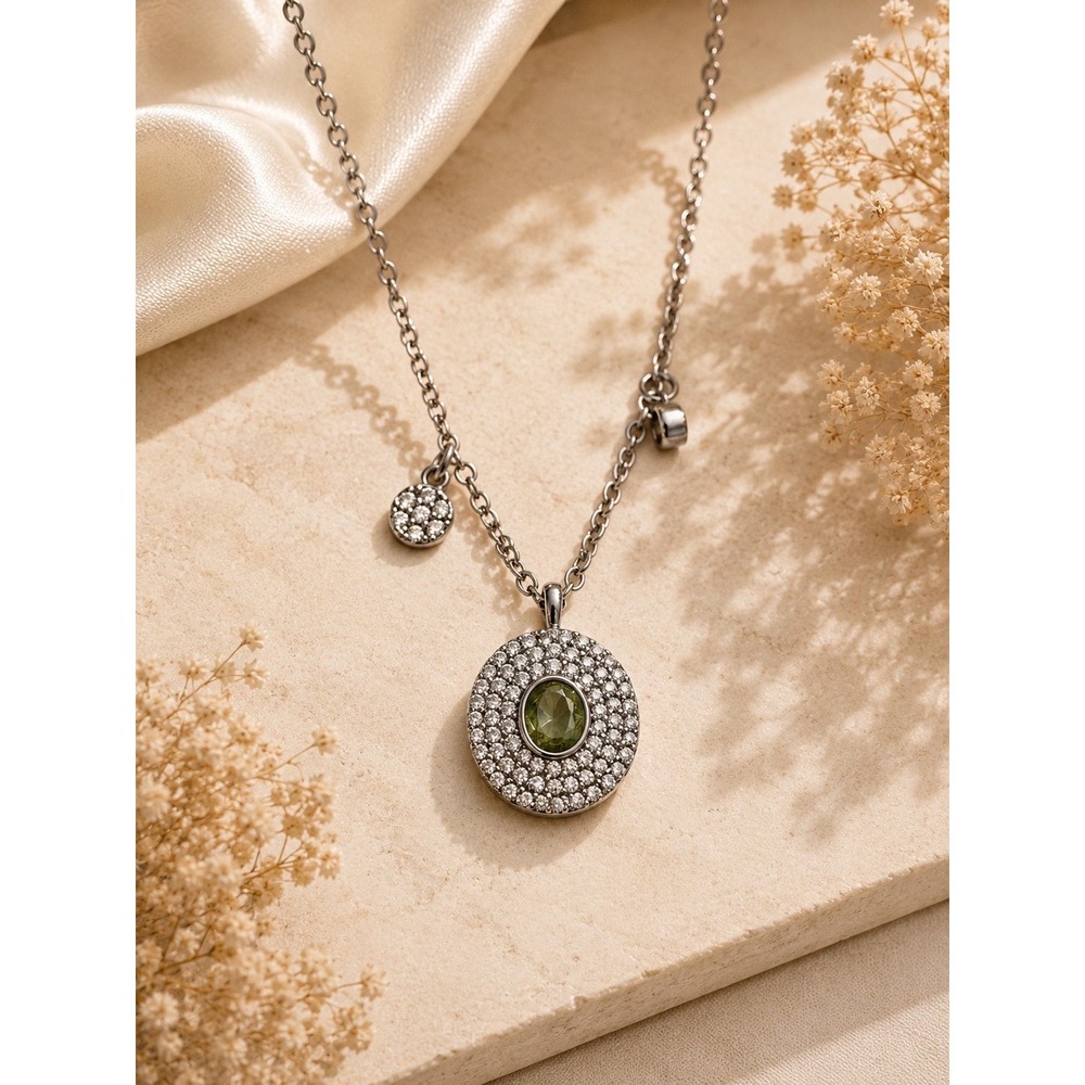 Bomb Party Green Hexagon Double Drop Pendant Necklace Silver Tone‎ CZ Accent